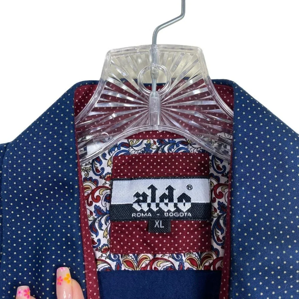 Aldo Men's Blue White Polka Dots Print Cotton Button Down Long Sleeve‎ Shirt XL